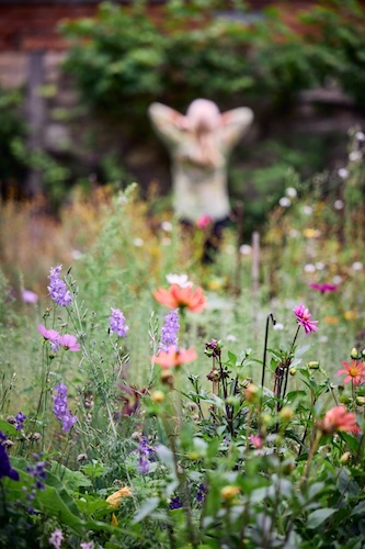 Foreground of flowers in grass, figure in front of a brick wall in the background